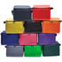 A stack of colourful cooler bags in purple, yellow, green, orange, pink, blue, black, and grey, featuring zippers and handles.