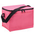 A pink cooler bag with a black strap and zipper, featuring a front pocket and a rectangular shape. It has a logo.