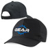 A black polycotton cap featuring a logo on the front and an adjustable strap at the back.
