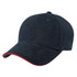 A navy blue cap with a red peak and a logo on the front. Suitable headwear for casual use.