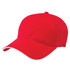 A red cap with a peak and contrasting trim. The cap features a logo on the front.