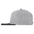 A grey cap with a black brim, featuring a logo on the side. Side view shows the neat stitching and design.