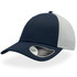 A navy and white cap featuring a mid visor and a logo on the side.