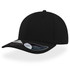 A black cap with a structured design and a curved brim, featuring a branding logo on the side.