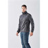 A grey Men's Catskill Anorak jacket is displayed on a model, featuring a high collar and zip front.