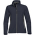 A women's softshell jacket in navy blue with grey side panels, featuring a zip front and pockets. It has a logo.