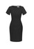 A black short sleeve shift dress with a fitted silhouette and a back zipper, featuring a subtle logo.