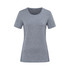 A grey women's T-shirt made from recycled materials with short sleeves and a crew neck, featuring a logo.