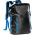 A black backpack with blue straps and accents, featuring a zippered compartment and a textured finish.