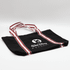 A black canvas tote bag with red and white striped handles and a logo.