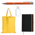 A pen with an orange accent, a small bottle, a yellow tote bag, and a black notebook with an orange elastic band.