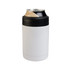 A drink bottle in white stainless steel with a black sleeve, holding a can inside. Features a logo on the side.