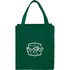 A green non-woven grocery tote bag with shoulder straps and a logo on the front.