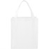 A white non-woven grocery tote bag with sturdy handles and a simple design. It includes a logo.