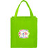 A bright green reusable grocery tote bag featuring dual handles and a logo on the front.