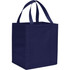 A navy blue non-woven grocery tote with sturdy handles and a square design, featuring a logo.