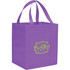 A purple non-woven grocery tote with a logo on the front. It features sturdy handles for carrying.