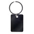 A rectangle stainless steel keytag featuring a sleek black design and a metal keyring for attachment.