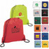 A red and a lime green drawstring sportspack, featuring various logos, displayed against a white background.