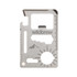 A stainless steel multi-tool card featuring various functions and a mountain logo, in a sleek design.