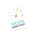 A colourful temporary tattoo design featuring a guitar, music icons, and the text "NEON MUSIC FEST".