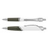 A white and olive green plastic pen with a silver clip and trim, featuring a sleek design.