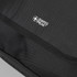 A black travel backpack with a textured surface and a brand logo.