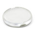 A round, transparent travel case designed for hand soap, featuring a sleek, smooth surface.