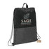 A black drawstring bag with a grey bottom section and a logo. Made from recycled materials.