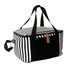 Striped black and white cooler bag with carry handles and an adjustable strap. Features a zip closure and a front pocket.