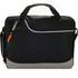 A black and grey laptop bag with a shoulder strap, featuring a pen holder and a logo.