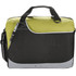 A laptop bag in black and lime green, featuring a logo, handles, and a removable shoulder strap.