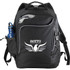 A black computer backpack with a logo, featuring a water bottle pocket and various compartments.