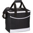 A black cooler bag with a white trim, featuring handles and a detachable shoulder strap.