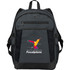 A grey expandable backpack with a vibrant bird design, featuring mesh side pockets and a logo.