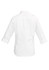 A white women's button-up shirt with 3/4 sleeves and a back view, featuring a logo.