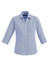 A light blue, 3/4 sleeve button-up shirt with a collar and a logo on the chest.