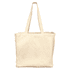 A cream-coloured reusable grocery bag with two sturdy handles and a simple design. It features a logo on one side.