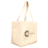 A cream reusable grocery tote bag with long handles and a logo on one side.