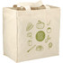 A beige grocery tote bag with a green logo and vegetable illustrations. It features sturdy handles for carrying.
