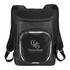 A black cooler backpack with a front pocket and adjustable straps, featuring a logo on the front.