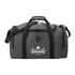 A grey duffel bag made from recycled material, featuring black straps and a logo.
