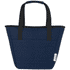 A navy blue cooler tote bag with black handles and a side pocket, featuring a logo.