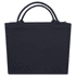 A black recycled tote bag with dual handles and a simple, unembellished design. It features a logo on the front.