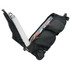 A black wheeled backpack with multiple compartments, showcasing interior storage for a laptop and other items.