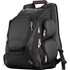 A black, checkpoint-friendly compu-backpack with multiple zippered compartments and a mesh side pocket.