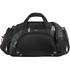 A black duffel bag featuring multiple zippers, handles, and a shoulder strap, with a logo on the front.