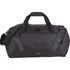 A black travel duffel bag with a shoulder strap, featuring multiple zippered compartments and a logo.