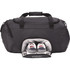 A black duffle bag featuring a separate compartment for shoes, with two pairs of shoes visible. The bag has a logo.