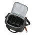A dark grey cooler bag with a silver interior and multiple compartments for bottle storage. It has a logo.
